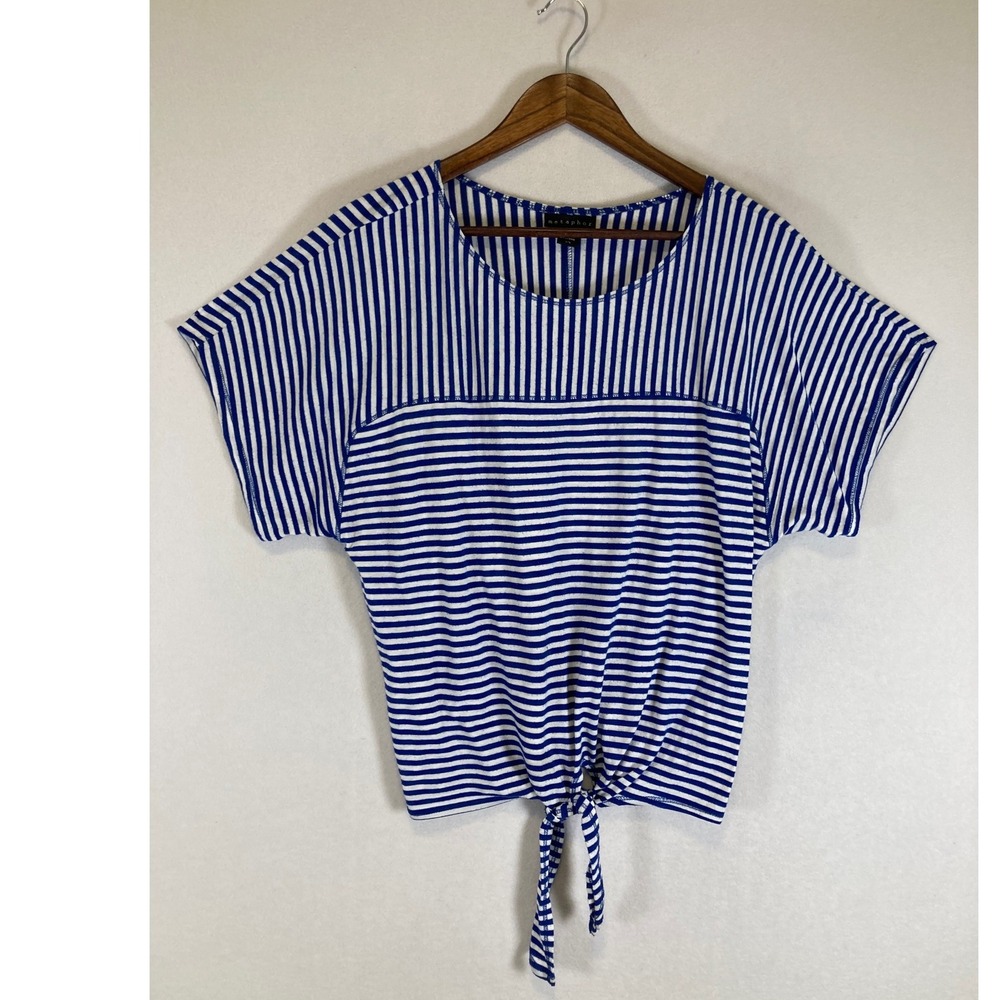 Nautical Metaphor Womens Large Blue White Striped Front‎ Tie Short Sleeve Top